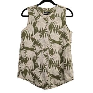 Tahari Womens Sleeveless 100% Linen Button Down Tropical Palm Print Top Olive S